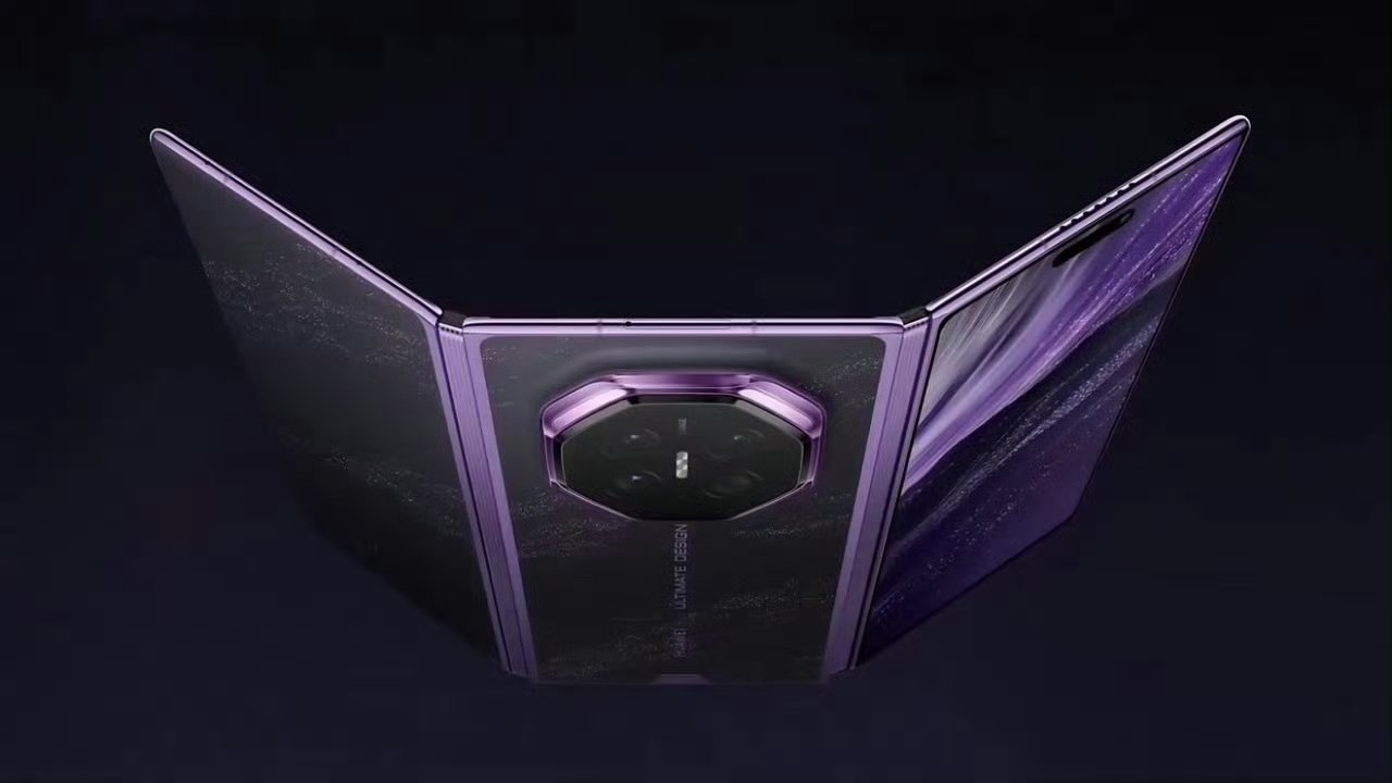 Huawei Mate XT 2 front view in partially folded state showing the octagonal camera island and the new U-fold panel layout