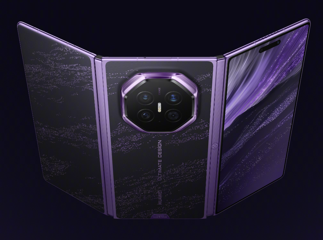 Huawei Mate XT 2 Ultimate Design unfolded tri-fold render in Brocade Purple