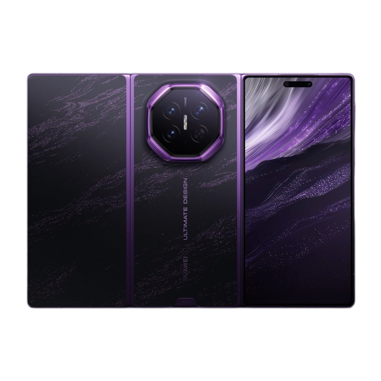Huawei Mate XT 2 fully unfolded showing the rear octagonal camera and the front cover screen with pill-shaped punch hole